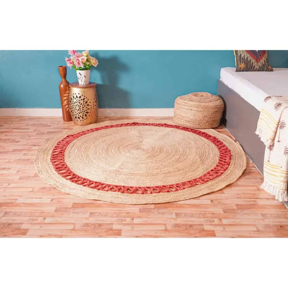 Hand Braided Round Scalloped Jute Rug Beige with Customize Color Border  - Image 3