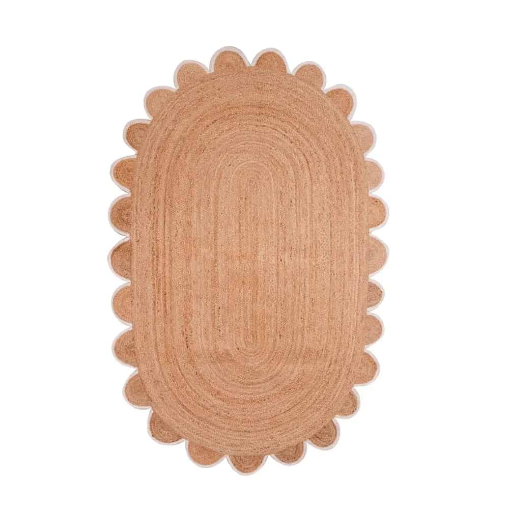 Hand Braided Scalloped Oval Jute Rug Beige With Red And White Border - Image 9