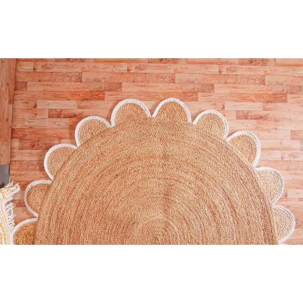 Hand Braided Scalloped Oval Jute Rug Beige With Red And White Border - Image 12