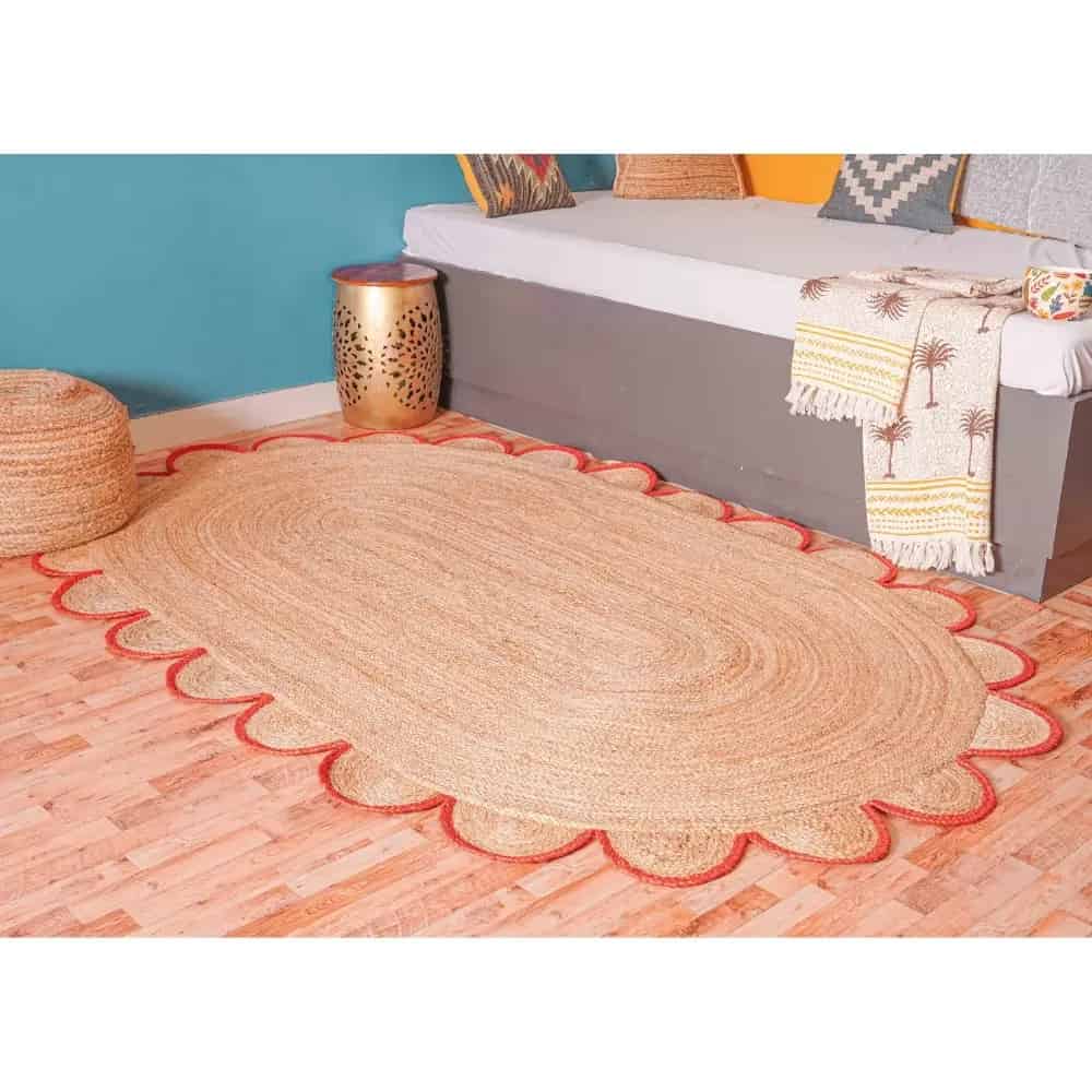 Hand Braided Scalloped Oval Jute Rug Beige With Red And White Border - Image 3