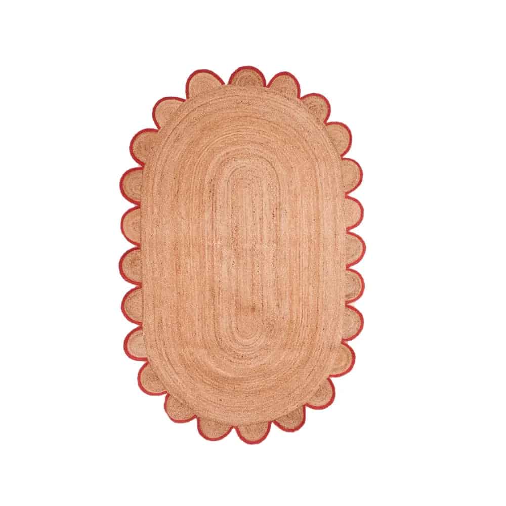 Hand Braided Scalloped Oval Jute Rug Beige With Red And White Border - Image 1