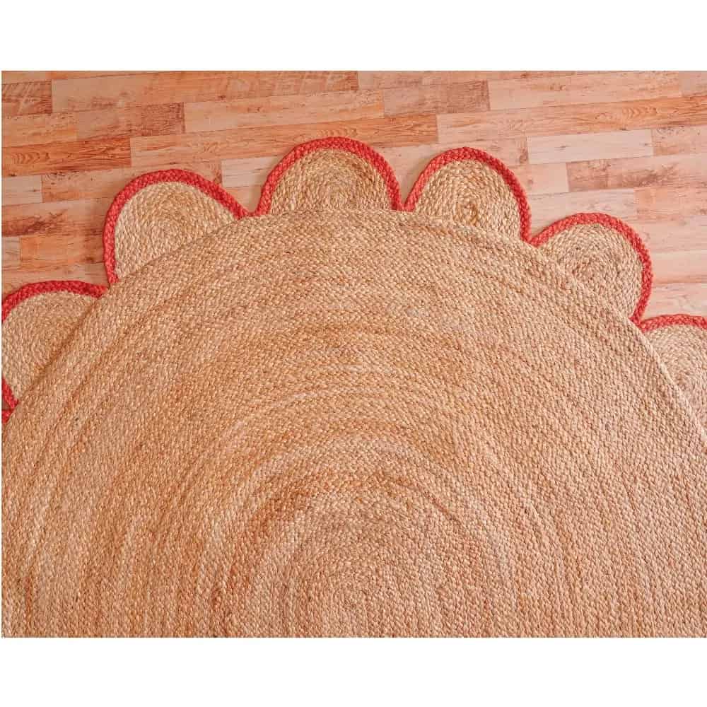 Hand Braided Scalloped Oval Jute Rug Beige With Red And White Border - Image 4