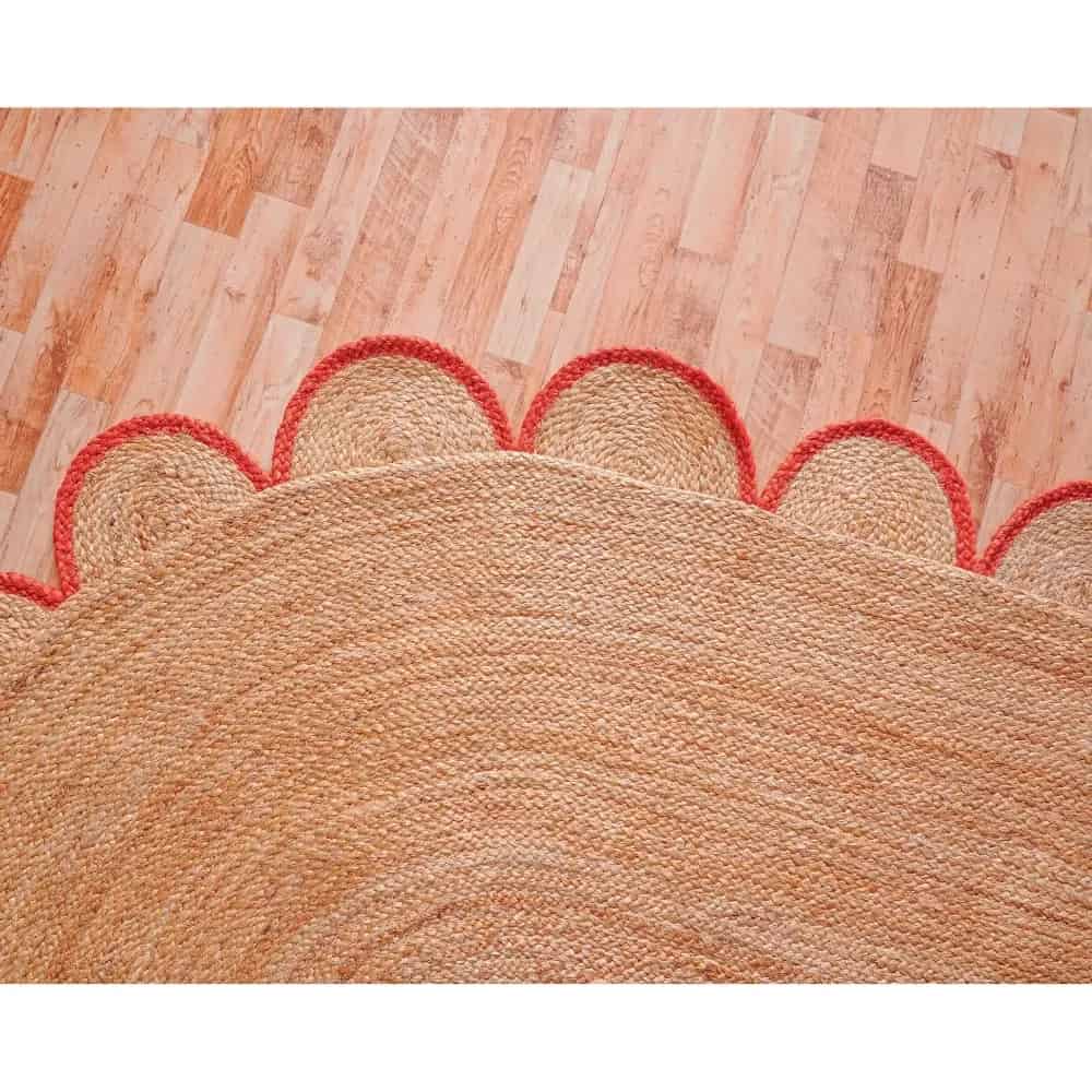Hand Braided Scalloped Oval Jute Rug Beige With Red And White Border - Image 7