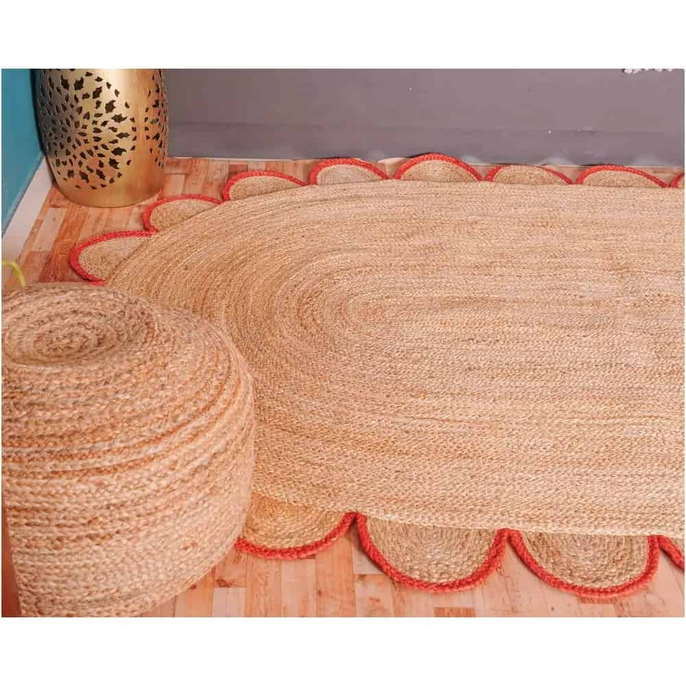 Hand Braided Scalloped Oval Jute Rug Beige With Red And White Border - Image 5