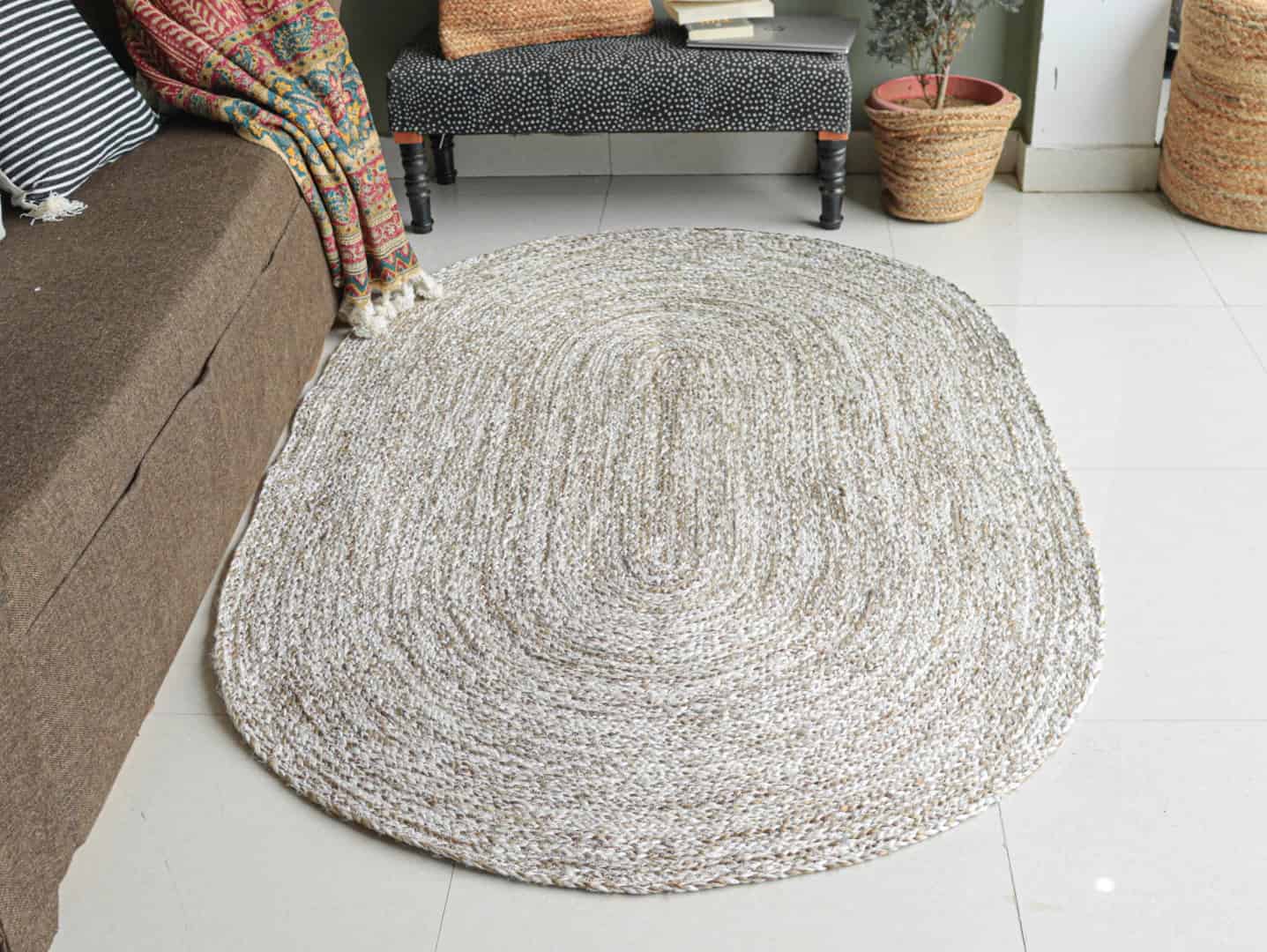 Beige White and Grey Tie Dye Handmade Braided Oval Jute Rug - Image 1