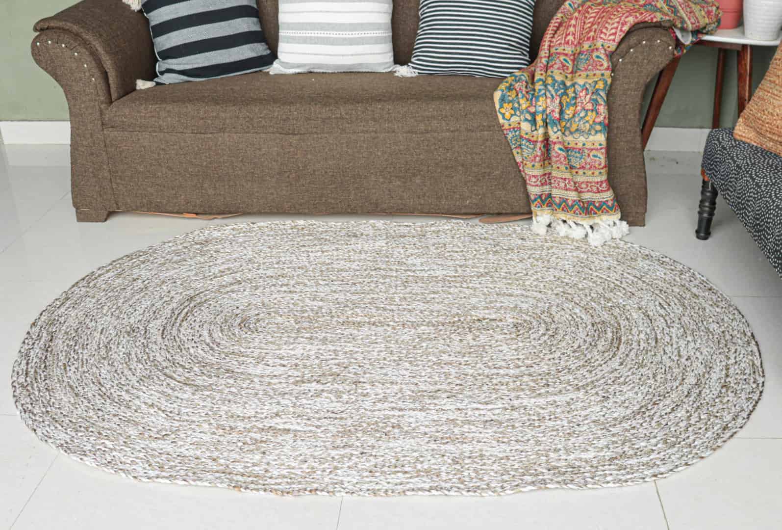 Beige White and Grey Tie Dye Handmade Braided Oval Jute Rug - Image 3