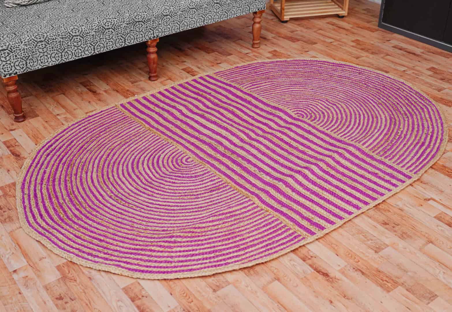 Traditional Indian Hand Braided Oval Jute Rug Beige with Customized Color Stripes - Image 2