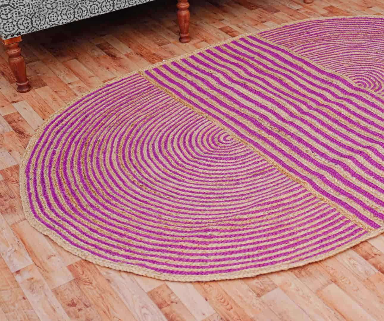 Traditional Indian Hand Braided Oval Jute Rug Beige with Customized Color Stripes - Image 4