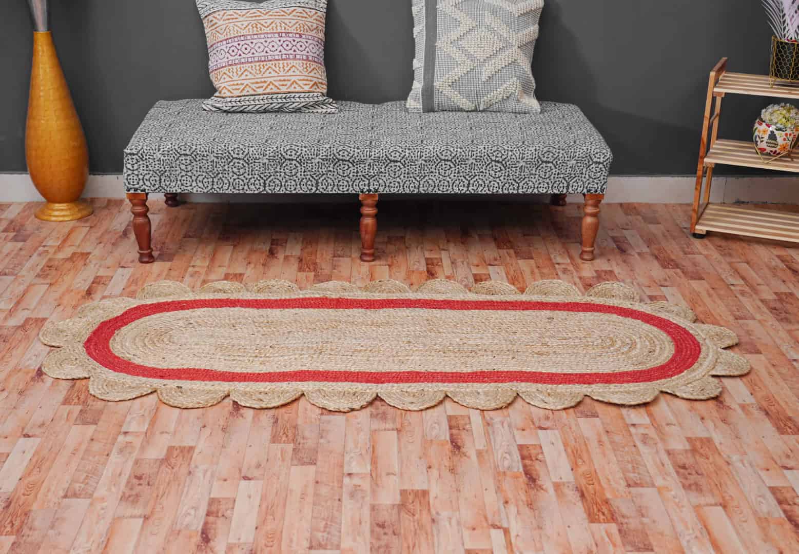 Hand Braided Scalloped Oval Jute Rug Beige with Customized Color Border - Image 3