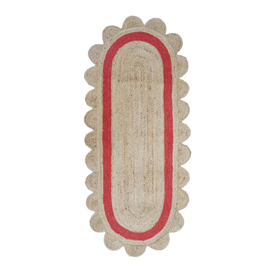 Hand Braided Scalloped Oval Jute Rug Beige with Customized Color Border - Image 1