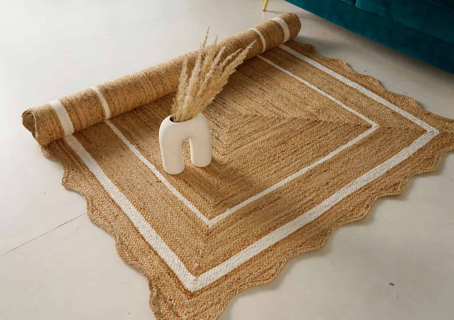 Hand Braided Rectangle Jute Rug Beige with White and Red Two Line Border  - Image 5