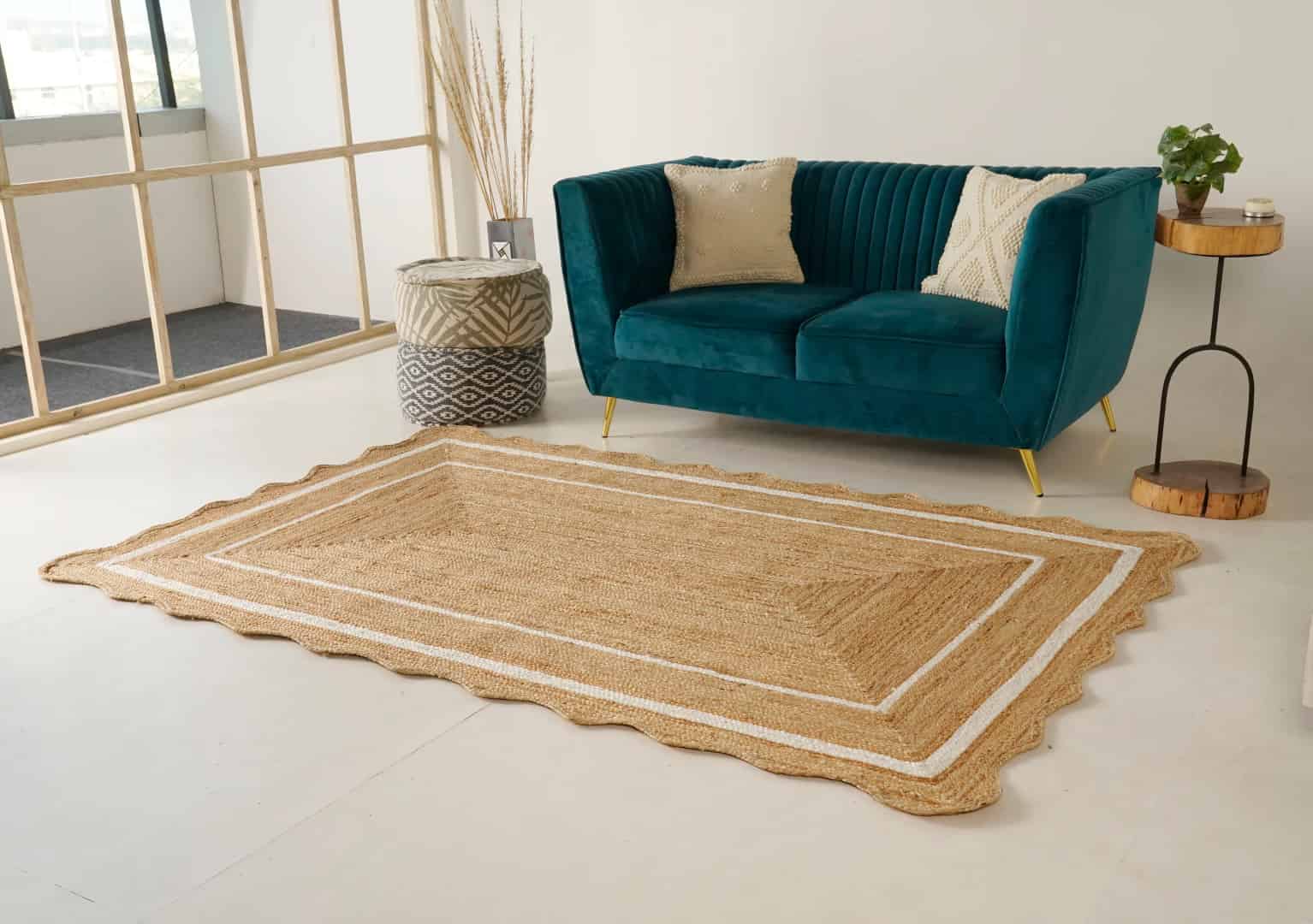 Hand Braided Rectangle Jute Rug Beige with White and Red Two Line Border  - Image 3