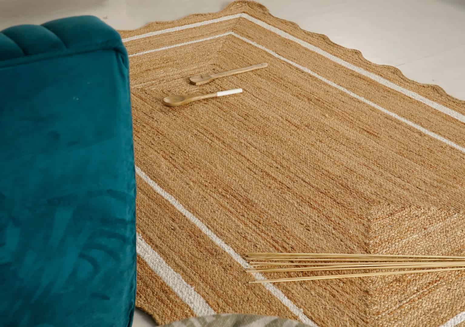 Hand Braided Rectangle Jute Rug Beige with White and Red Two Line Border  - Image 6