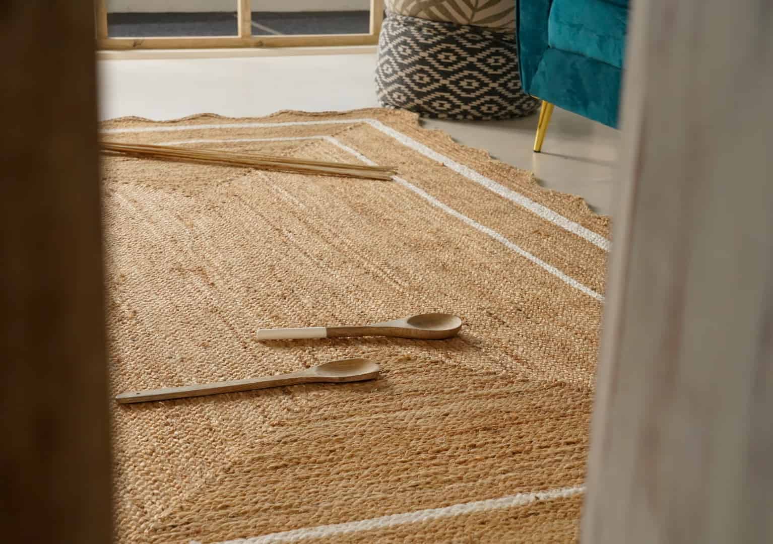 Hand Braided Rectangle Jute Rug Beige with White and Red Two Line Border  - Image 7