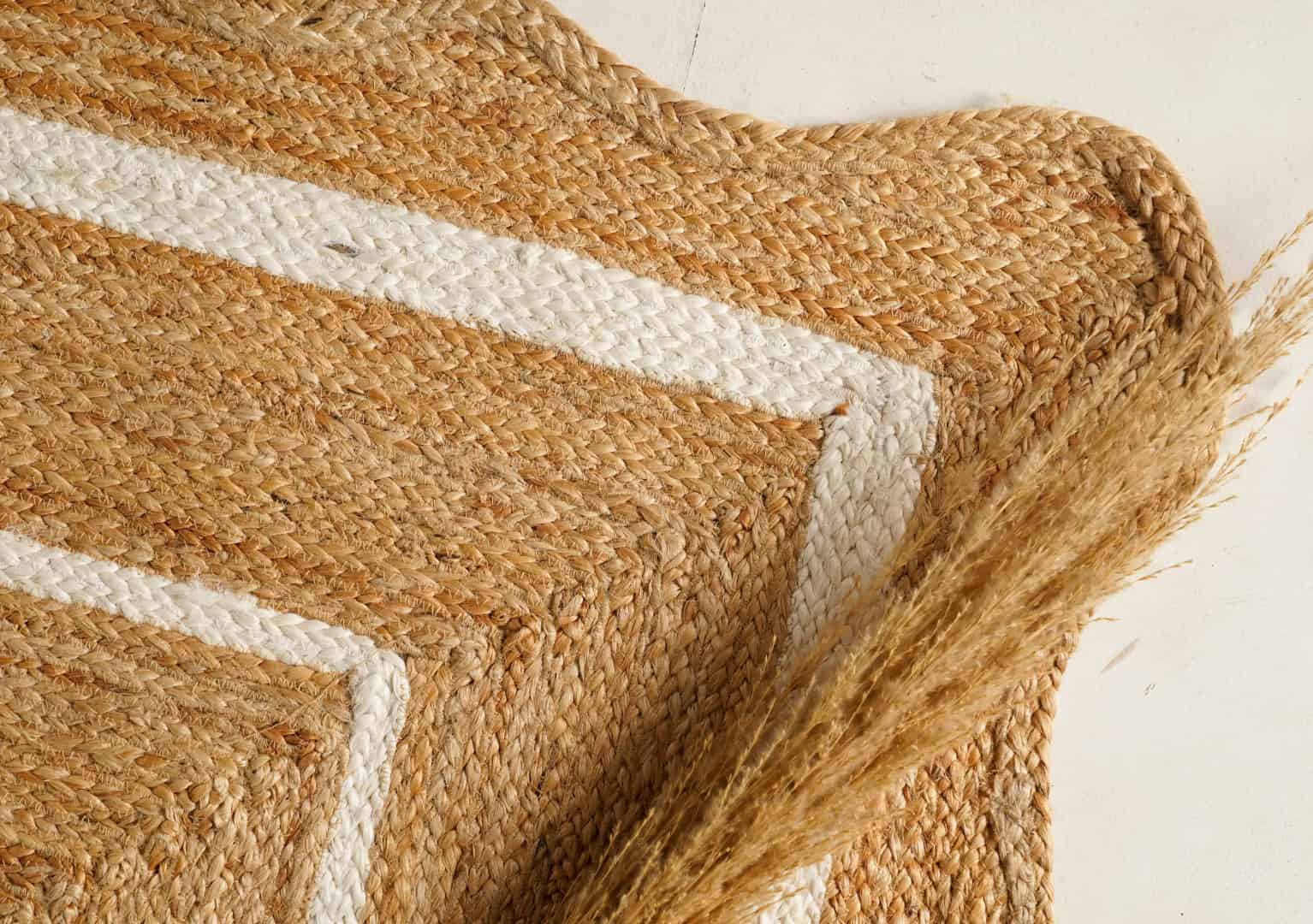 Hand Braided Rectangle Jute Rug Beige with White and Red Two Line Border  - Image 9