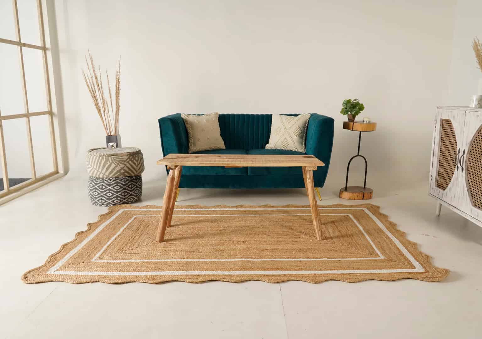 Hand Braided Rectangle Jute Rug Beige with White and Red Two Line Border  - Image 4