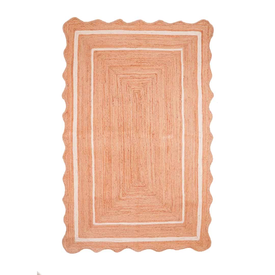 Hand Braided Rectangle Jute Rug Beige with White and Red Two Line Border  - Image 1