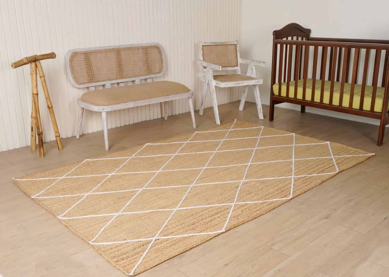 Hand Braided Rectangle Jute Rug Beige with White Diamond Pattern  - Image 4