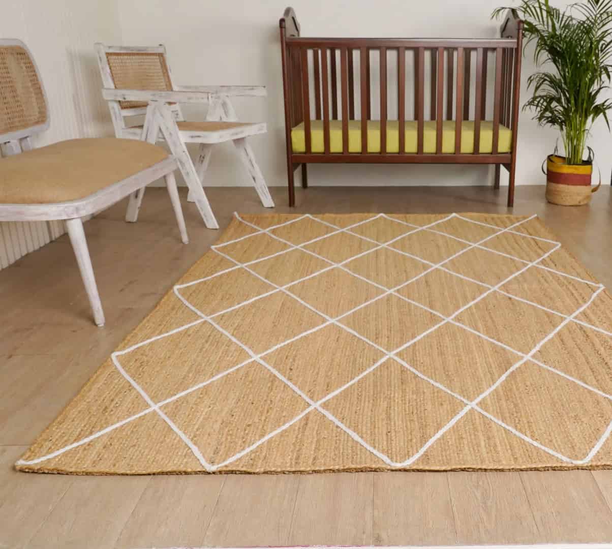Hand Braided Rectangle Jute Rug Beige with White Diamond Pattern  - Image 2