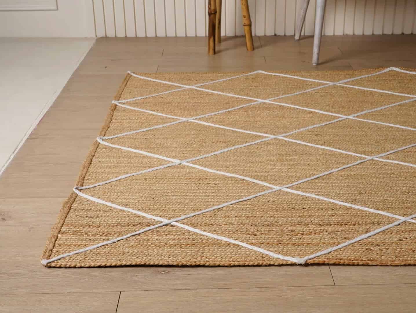 Hand Braided Rectangle Jute Rug Beige with White Diamond Pattern  - Image 5