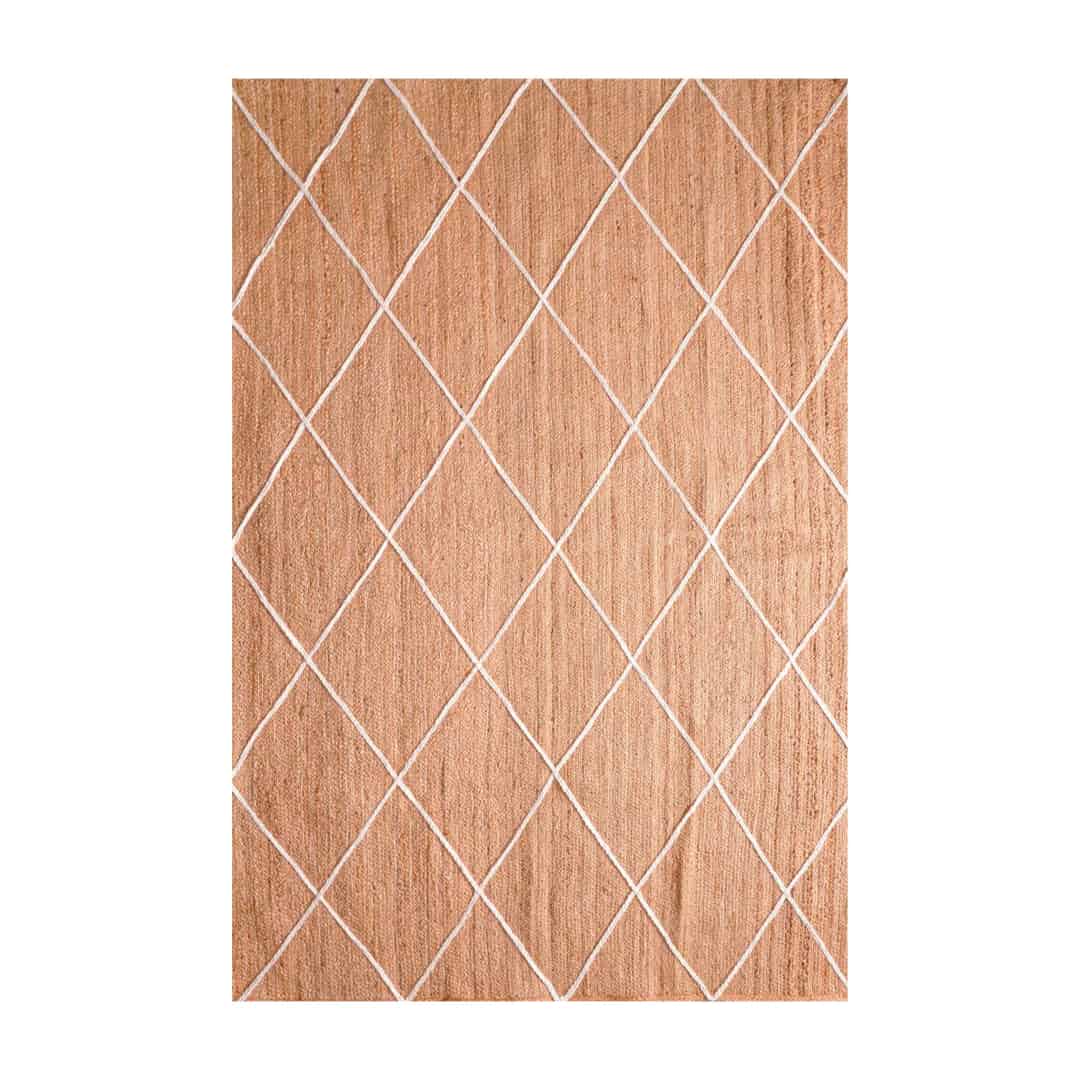 Hand Braided Rectangle Jute Rug Beige with White Diamond Pattern  - Image 1