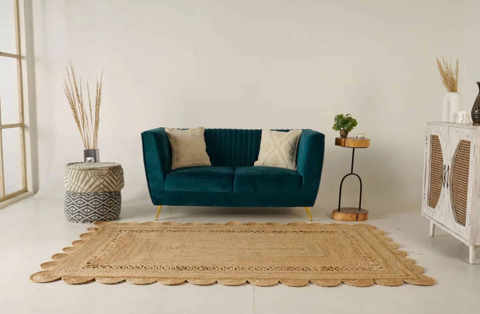 Indian Handmade Natural Braided Scalloped Rectangle Jute Rug - Image 1