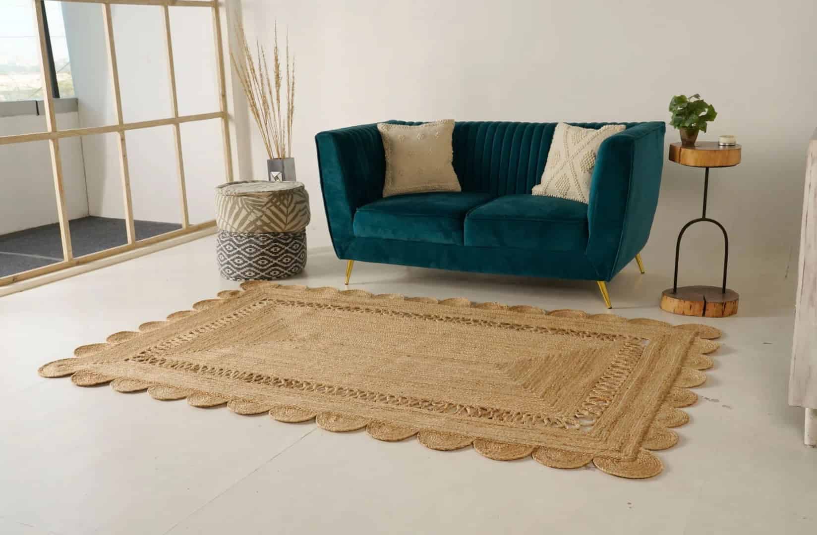 Indian Handmade Natural Braided Scalloped Rectangle Jute Rug - Image 2