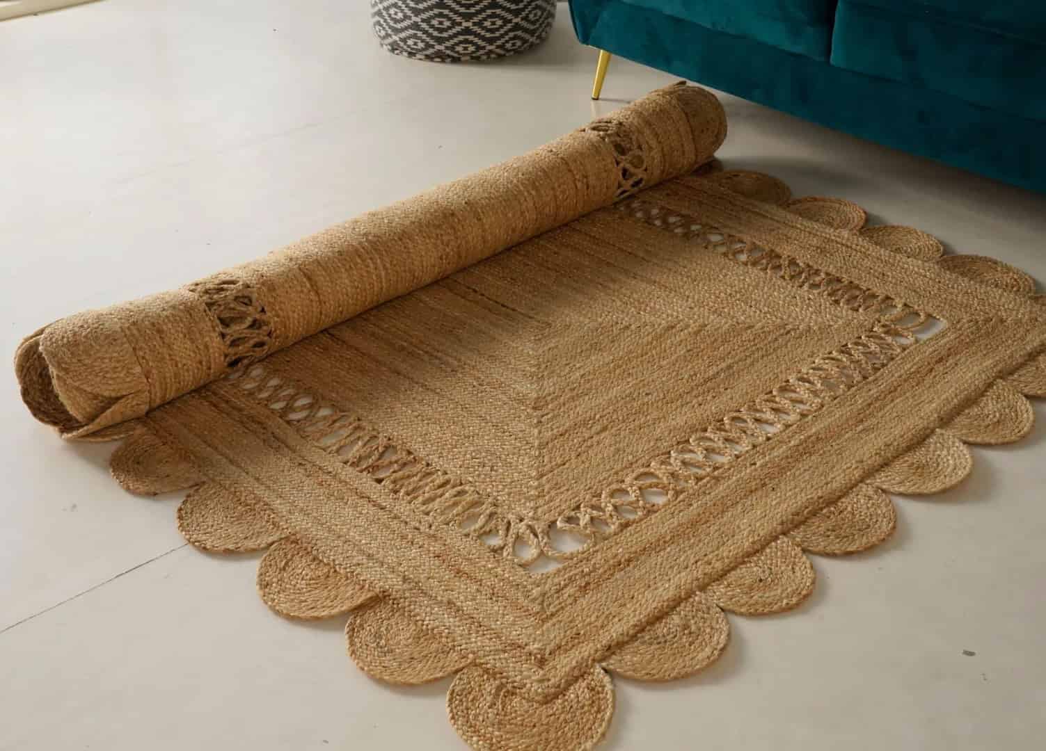 Indian Handmade Natural Braided Scalloped Rectangle Jute Rug - Image 8