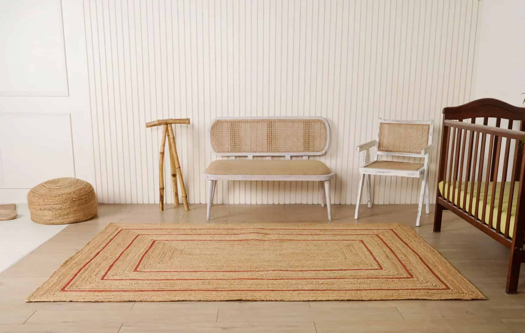 Hand Braided Rectangle Jute Rug Beige With Triple Line Red Border - Image 3