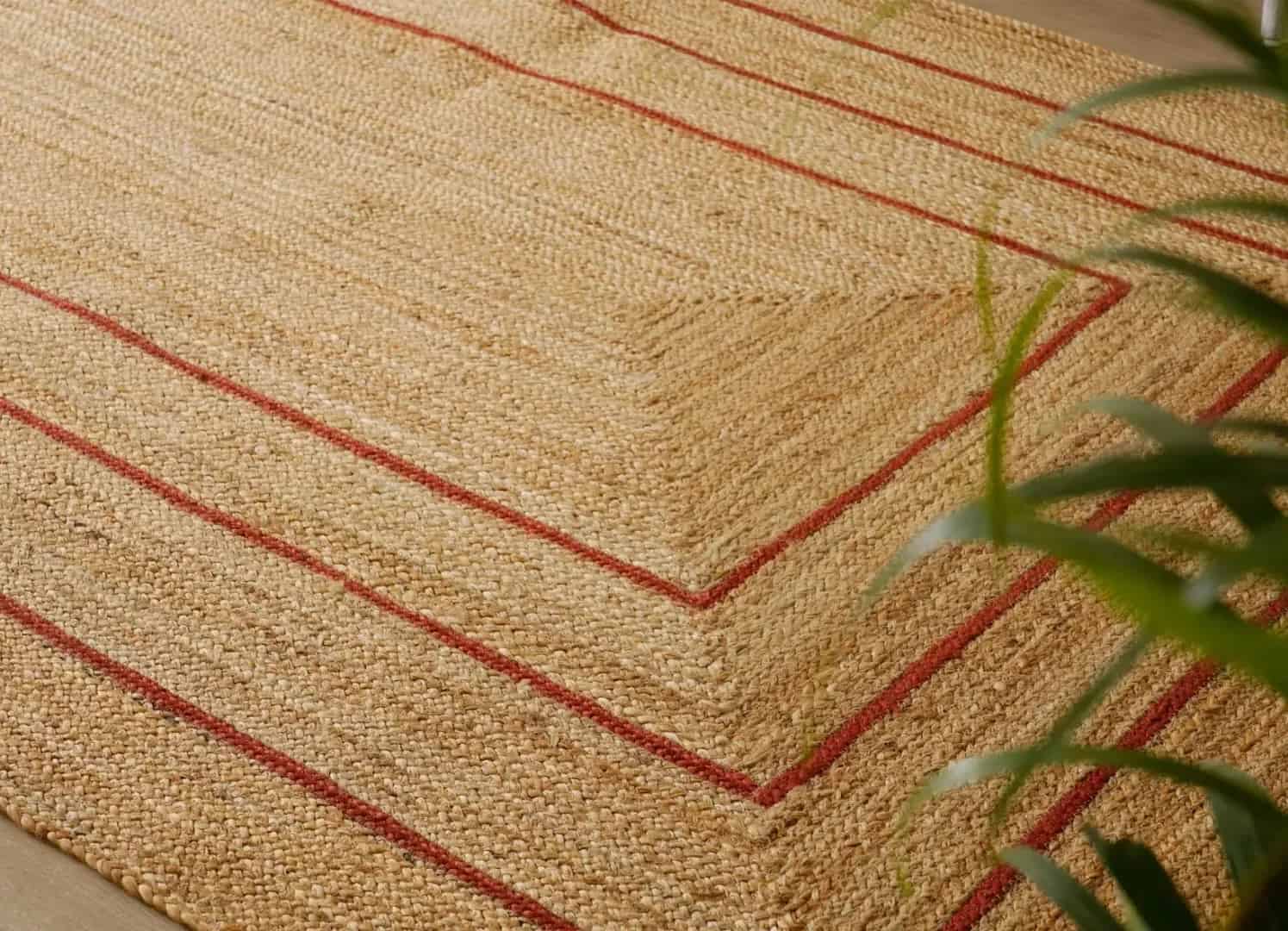 Hand Braided Rectangle Jute Rug Beige With Triple Line Red Border - Image 4