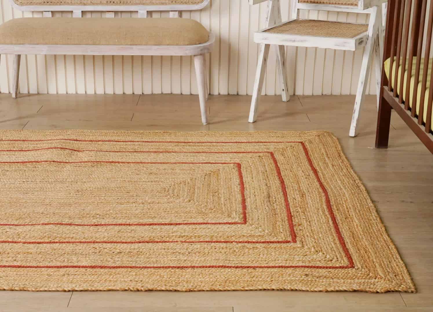 Hand Braided Rectangle Jute Rug Beige With Triple Line Red Border - Image 2