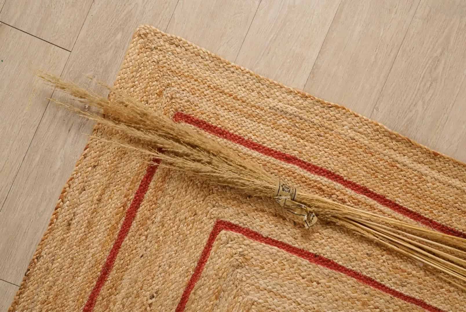 Hand Braided Rectangle Jute Rug Beige With Triple Line Red Border - Image 6