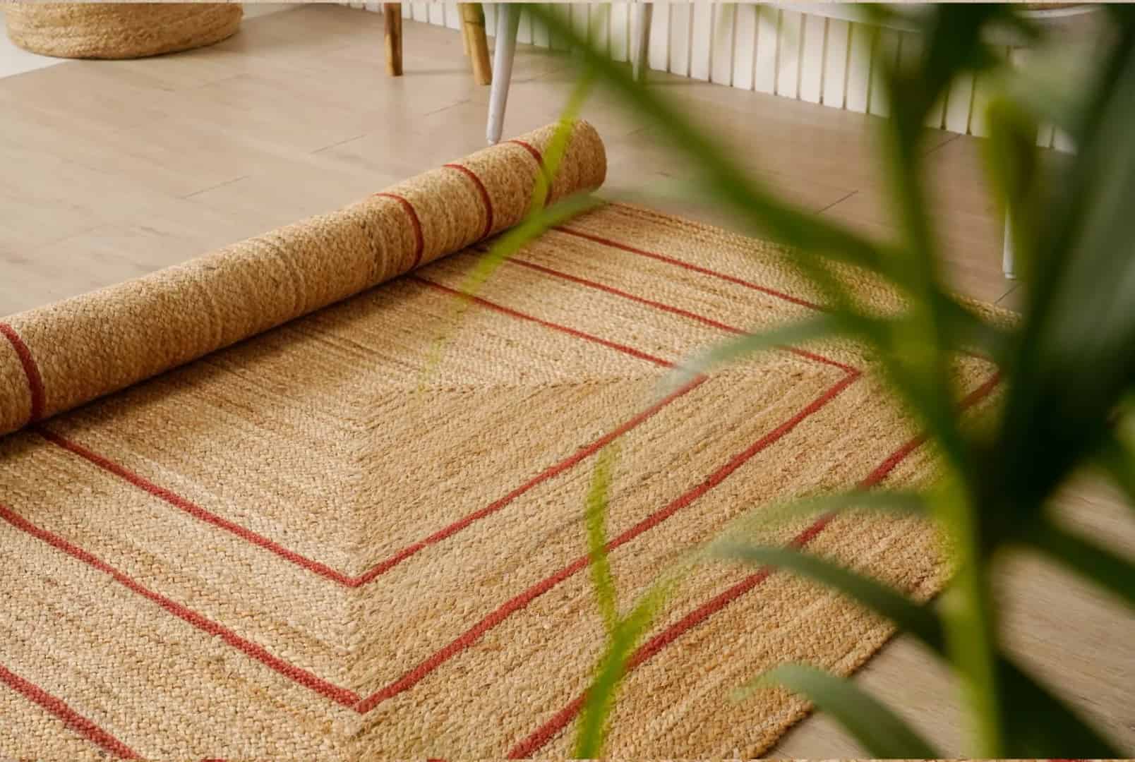 Hand Braided Rectangle Jute Rug Beige With Triple Line Red Border - Image 8