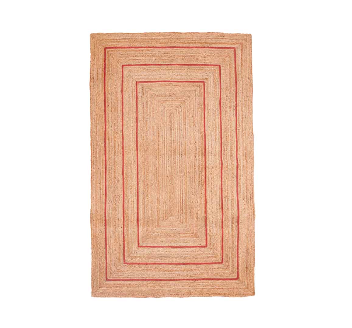 Hand Braided Rectangle Jute Rug Beige With Triple Line Red Border - Image 1