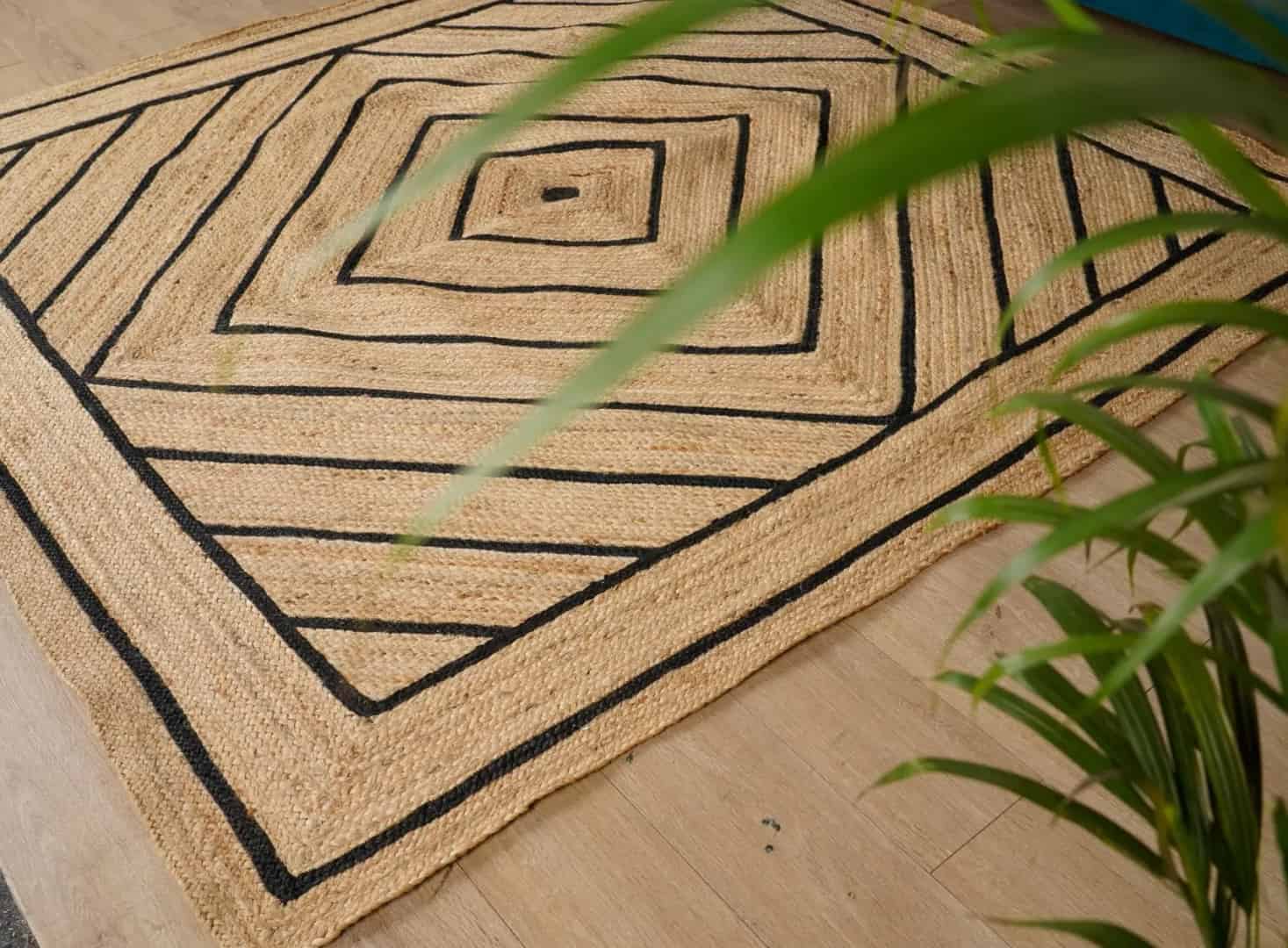 Hand Braided Rectangle Jute Rug Beige with Black Dimond Design  - Image 2