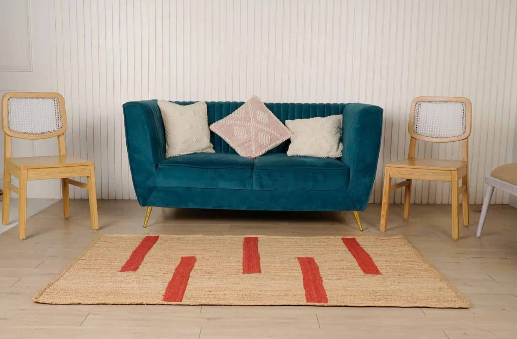 Hand Braided Rectangle Jute Rug Natural Color with Red Stripes Line   - Image 2