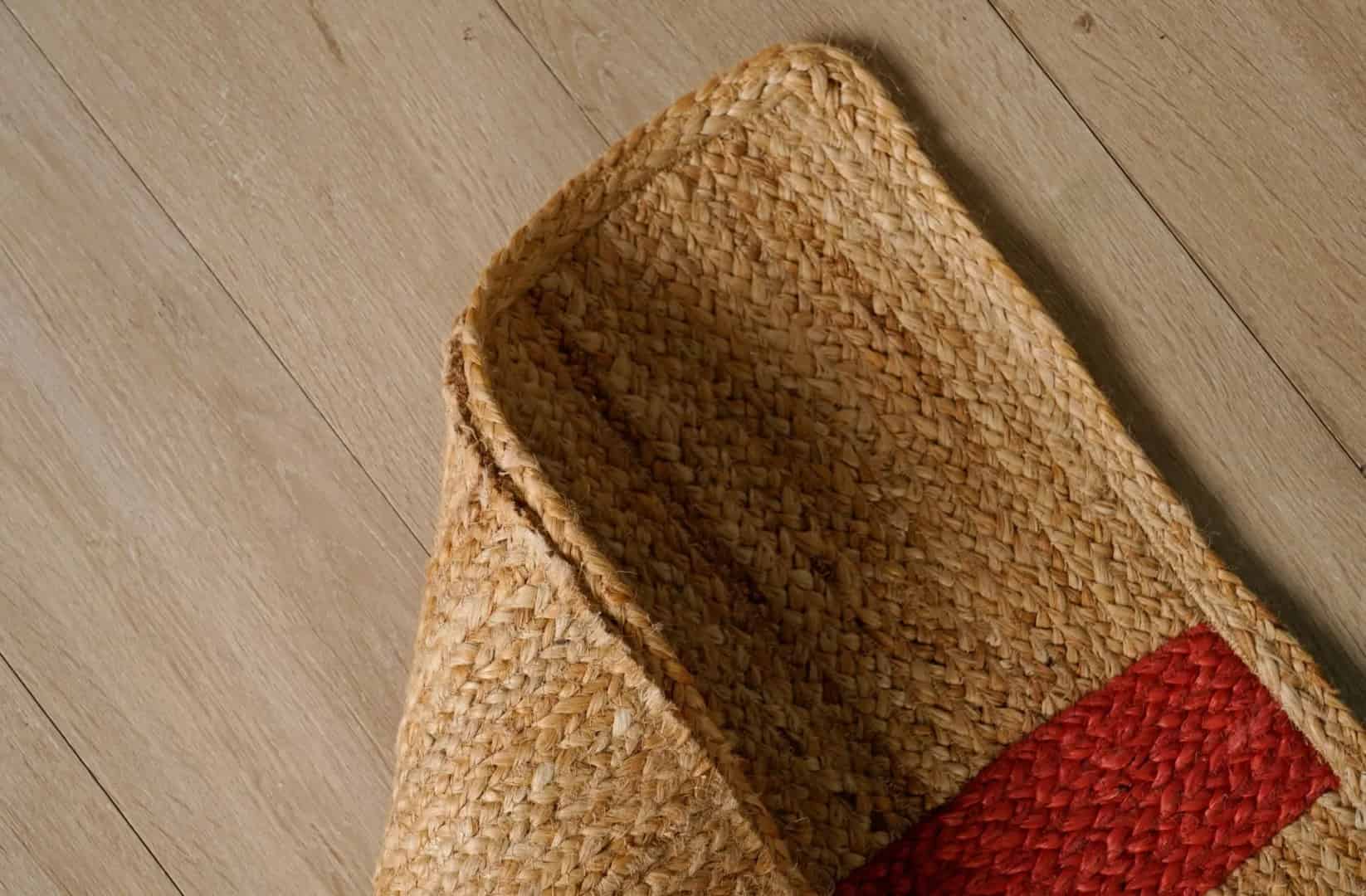 Hand Braided Rectangle Jute Rug Natural Color with Red Stripes Line   - Image 4