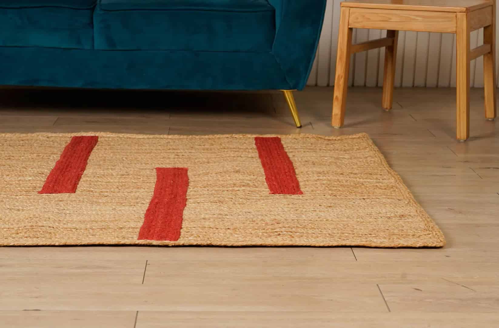 Hand Braided Rectangle Jute Rug Natural Color with Red Stripes Line   - Image 3