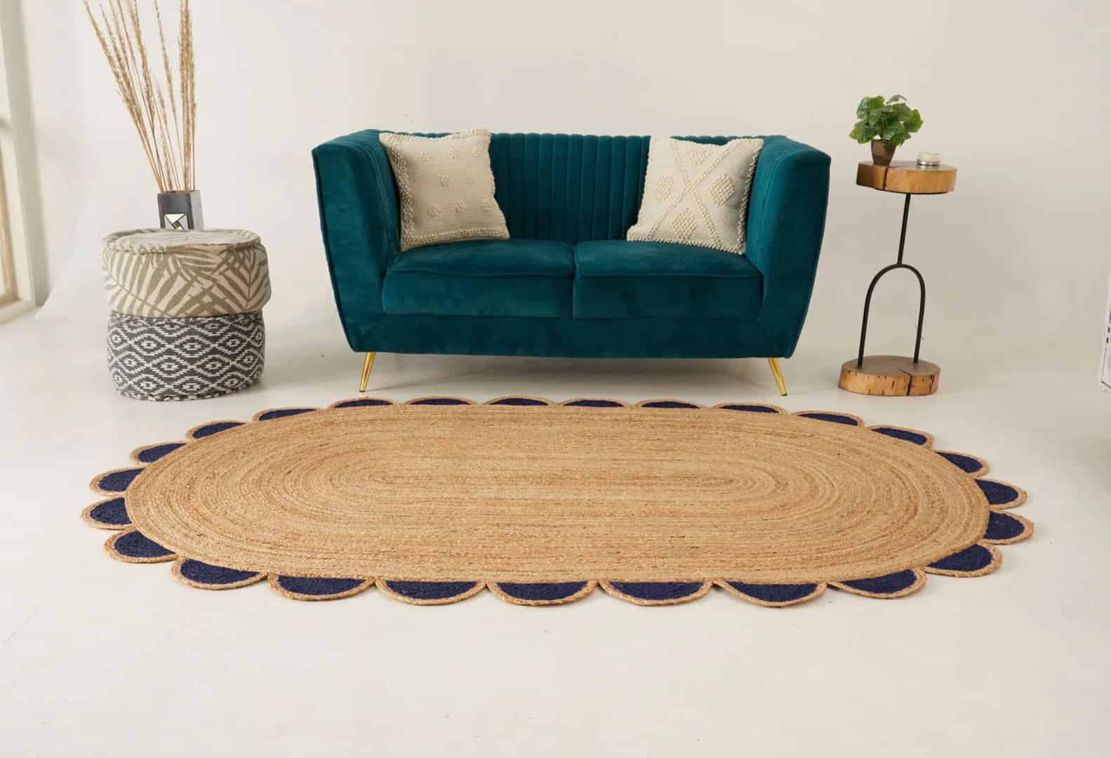 Eco Friendly Braided Scalloped Oval Jute Rug Beige With Multicolor Boder  - Image 3