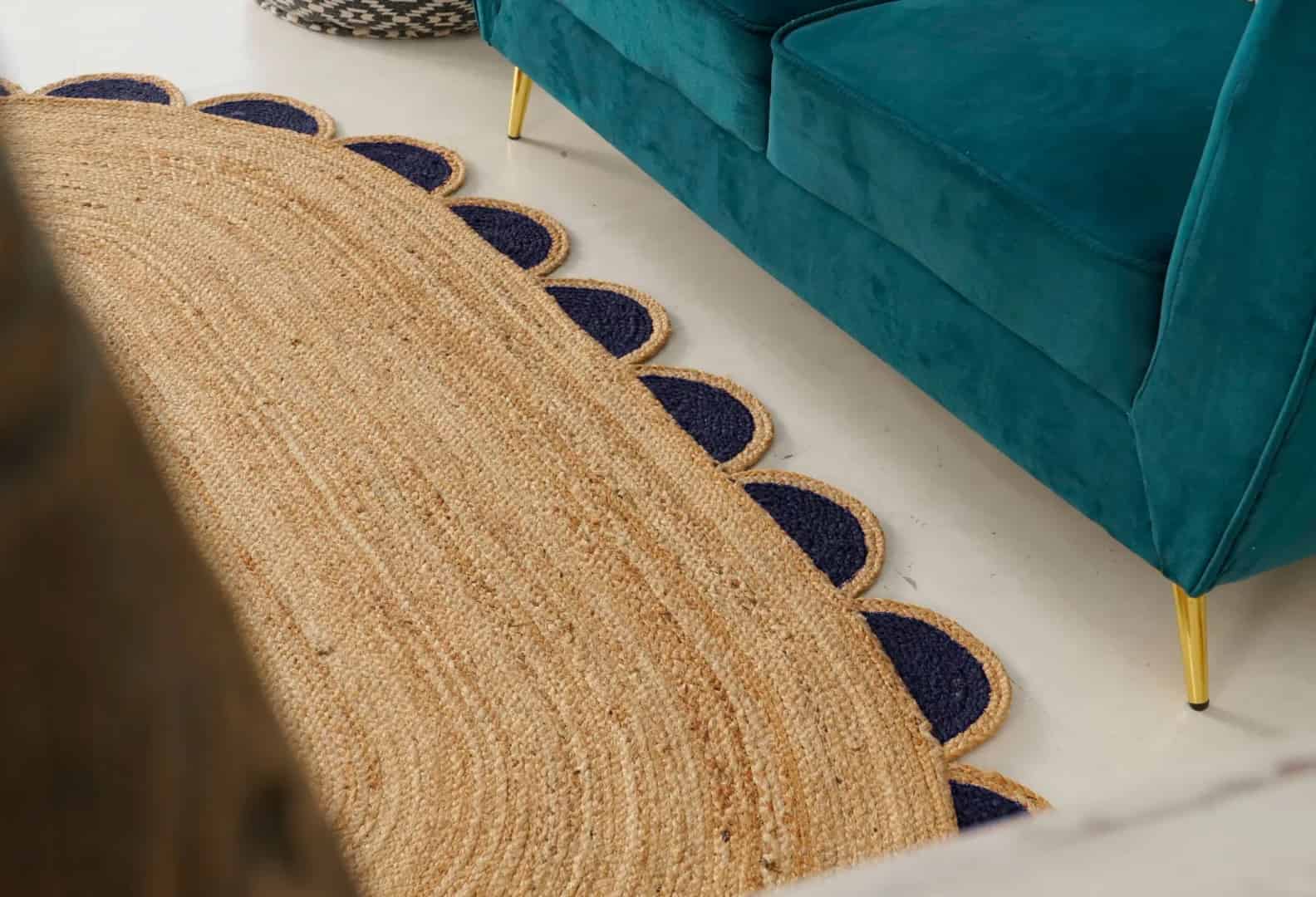 Eco Friendly Braided Scalloped Oval Jute Rug Beige With Multicolor Boder  - Image 5