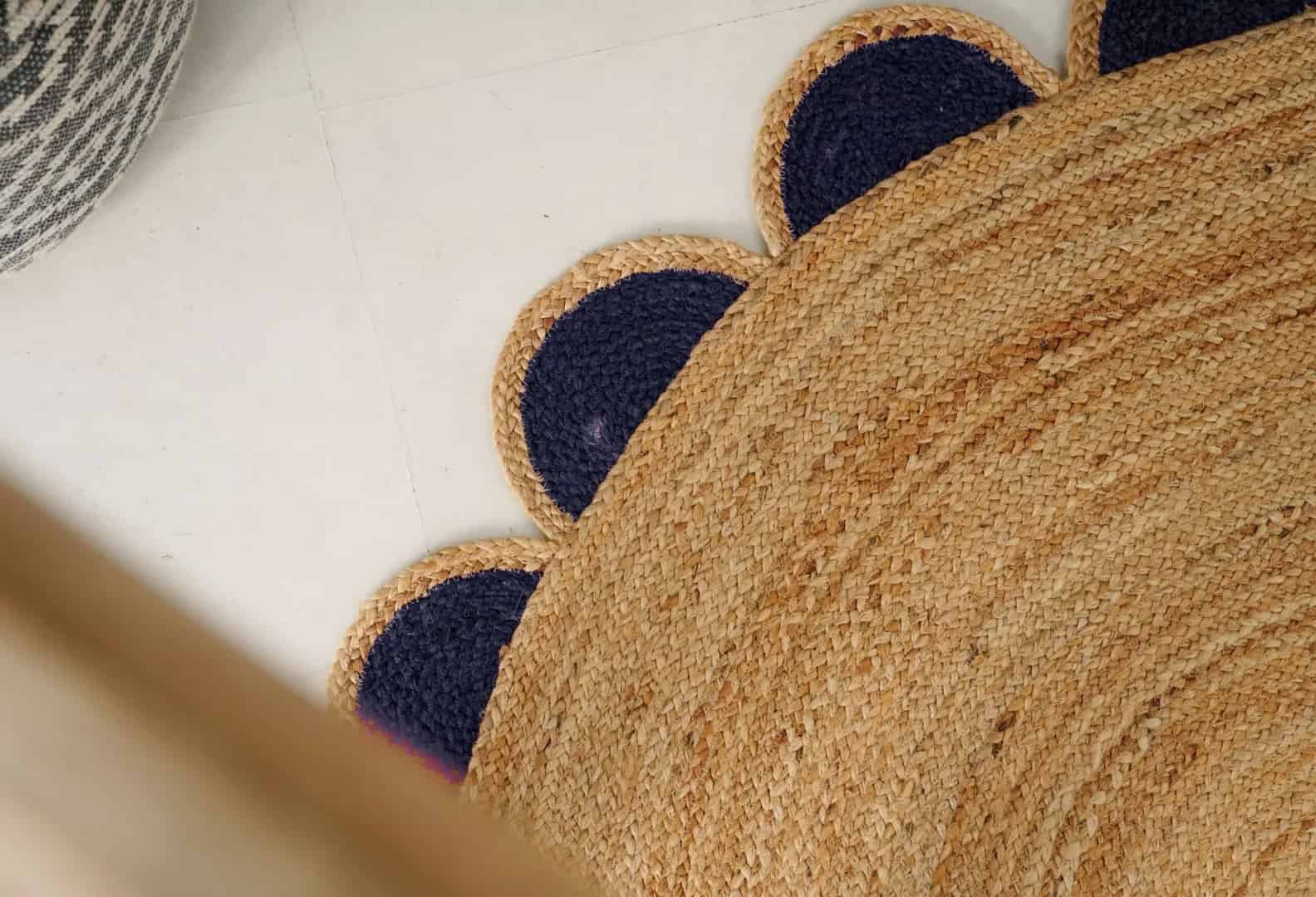 Eco Friendly Braided Scalloped Oval Jute Rug Beige With Multicolor Boder  - Image 7