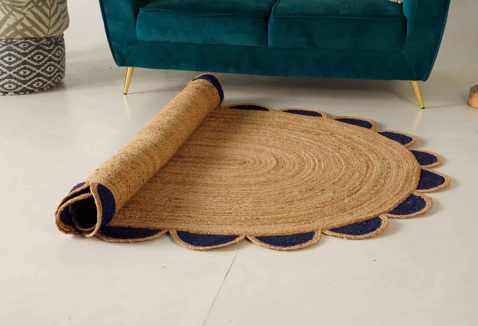 Eco Friendly Braided Scalloped Oval Jute Rug Beige With Multicolor Boder  - Image 9