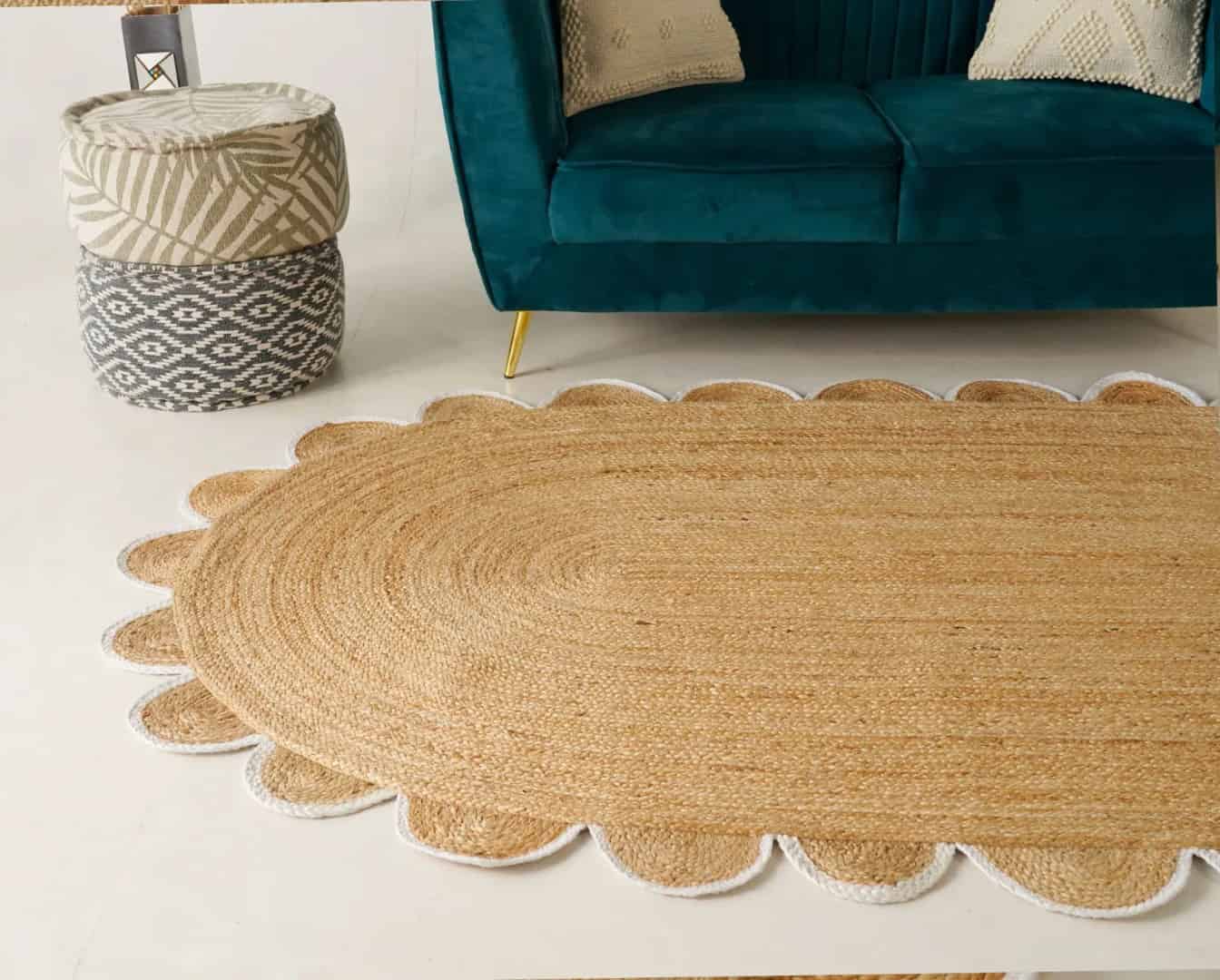 Home Decor Hand Braided Scallop Oval Jute Rug Beige with Multicolor Border - Image 9