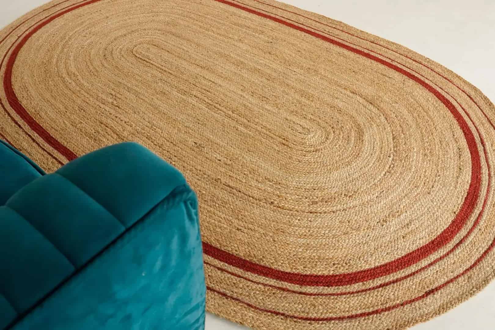 Triple Line Color Border Custom Size Handmade Natural Jute Braided Oval Rug - Image 3