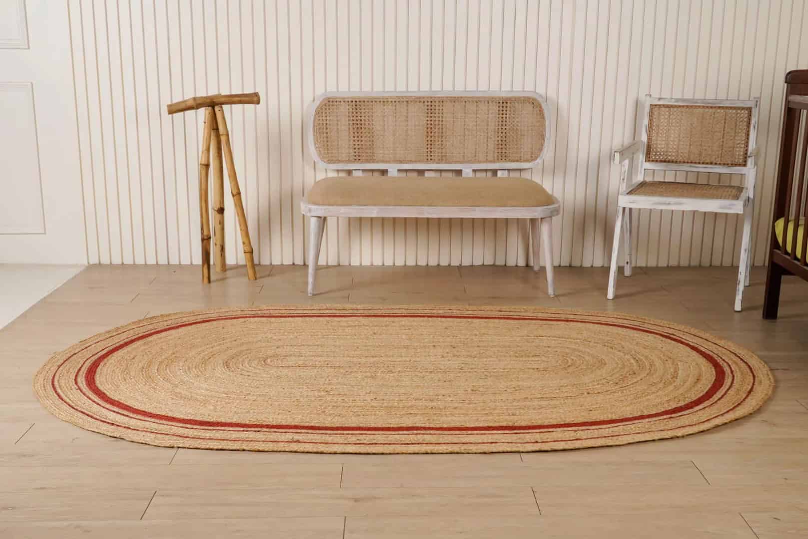 Triple Line Color Border Custom Size Handmade Natural Jute Braided Oval Rug - Image 5