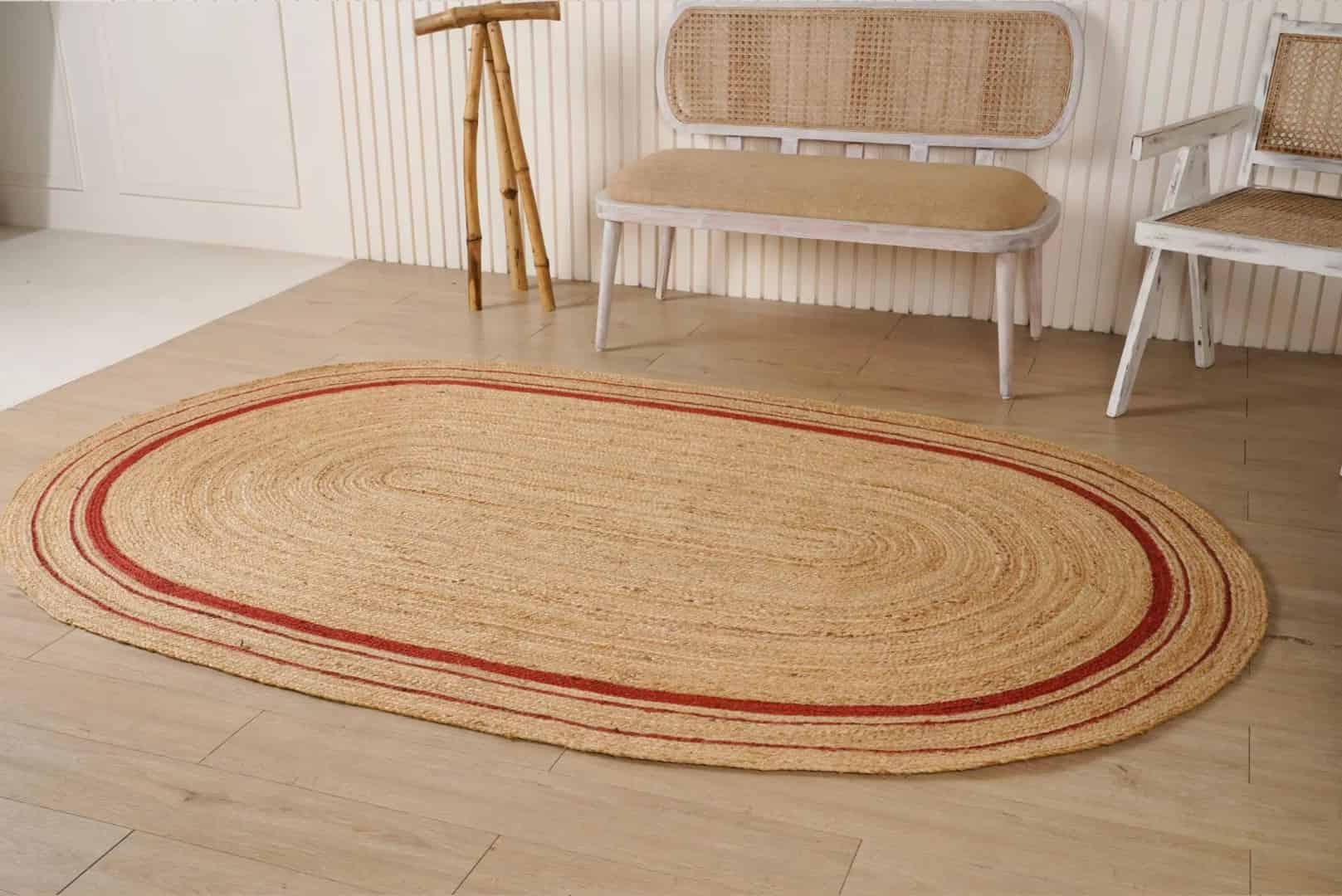Triple Line Color Border Custom Size Handmade Natural Jute Braided Oval Rug - Image 6