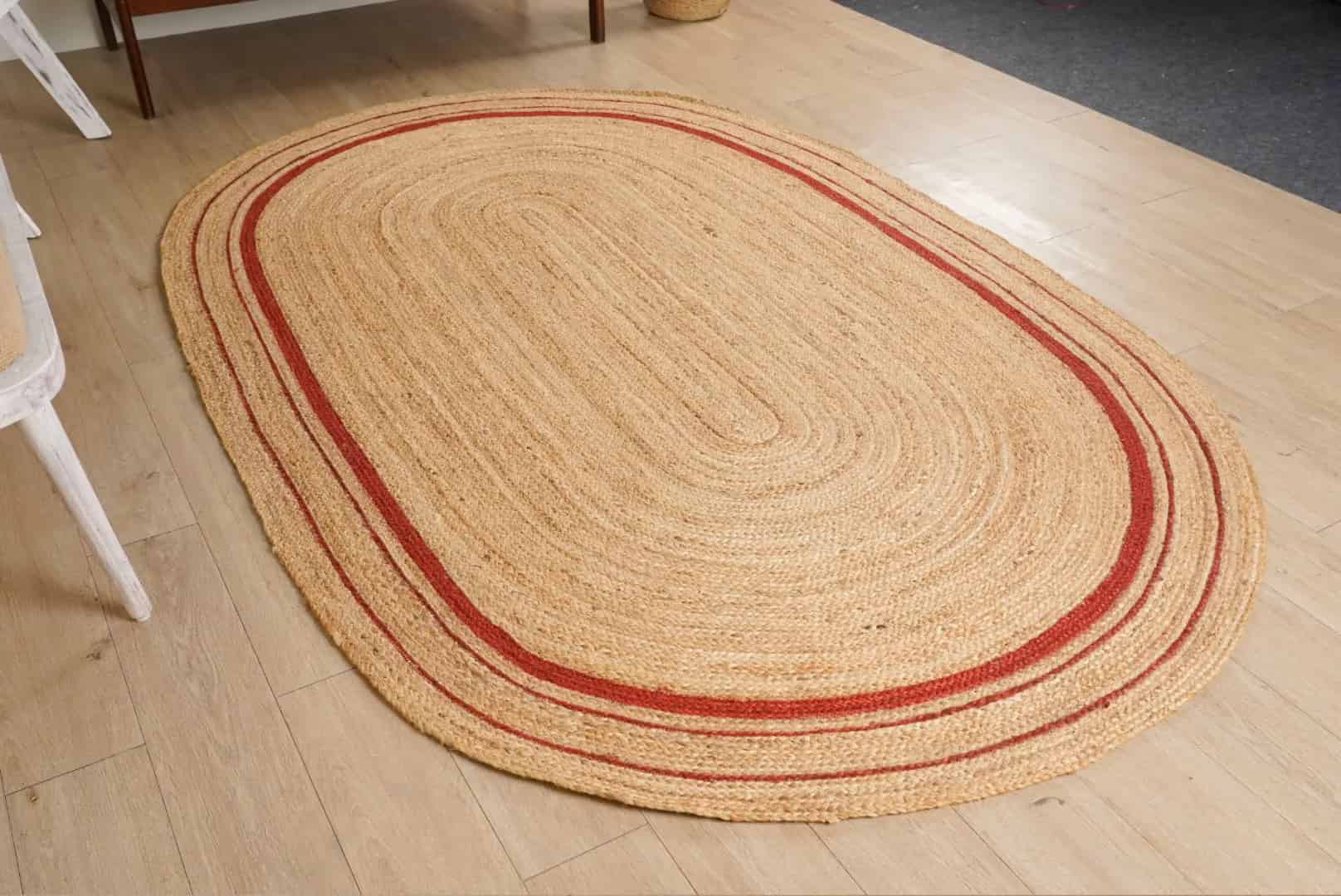 Triple Line Color Border Custom Size Handmade Natural Jute Braided Oval Rug - Image 8