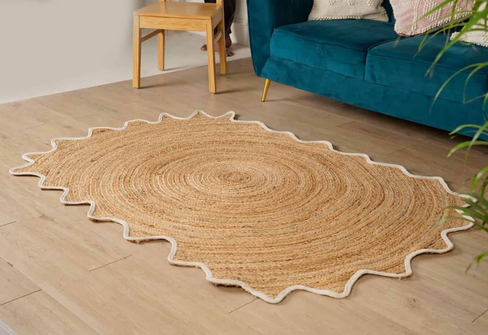 Handmade Scalloped Oval Jute Rug Beige With White Border - Image 2