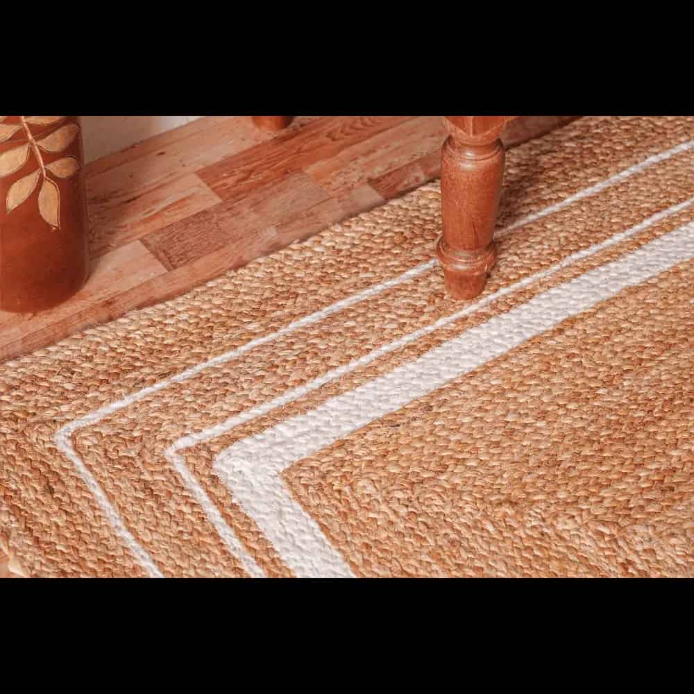 Hand Braided Rectangle Jute Rug With White Triple Line Border  - Image 6