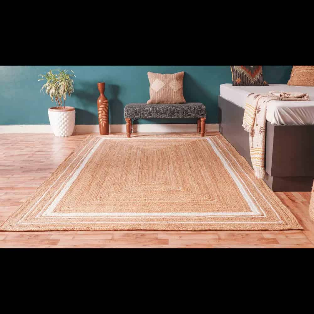 Hand Braided Rectangle Jute Rug With White Triple Line Border  - Image 4